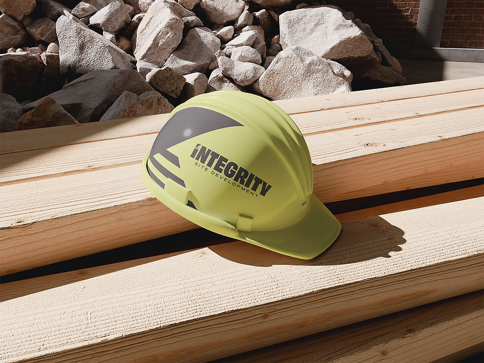 Yellow Integrity Site Development hard hat on wood planks