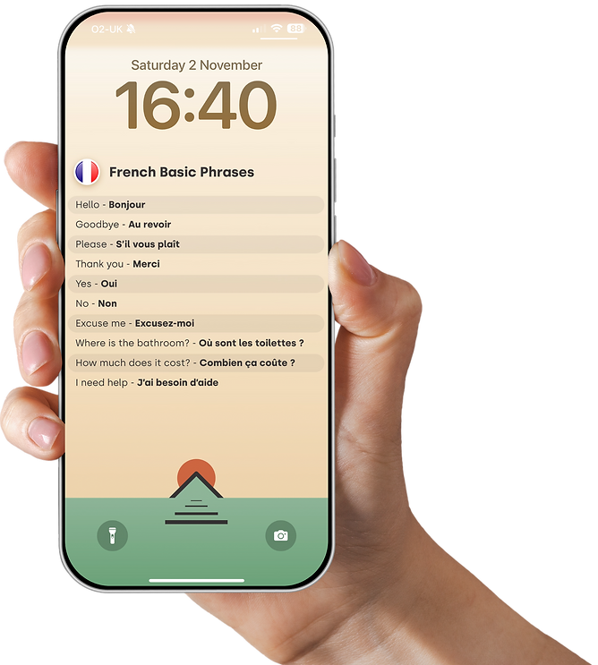 <img src="path-to-your-image.jpg" alt="A hand holding a smartphone displaying the Phrase Path app. The screen shows French ba
