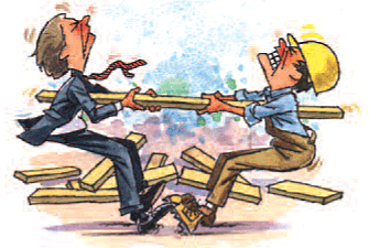 Two individuals in construction helmets are seated on a pile of wooden planks, each holding one end of a long saw and moving it in a sawing motion. The individual on the left has an obscured face, while the individual on the right wears glasses and has an open mouth as if shouting or exerting effort. They appear to be collaboratively sawing a wooden plank beneath them
