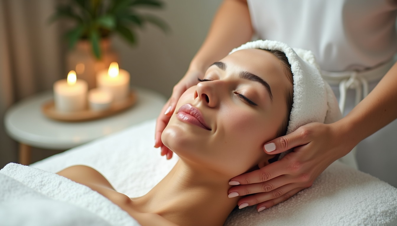 Close-up view of a luxurious facial treatment setup with natural skincare products