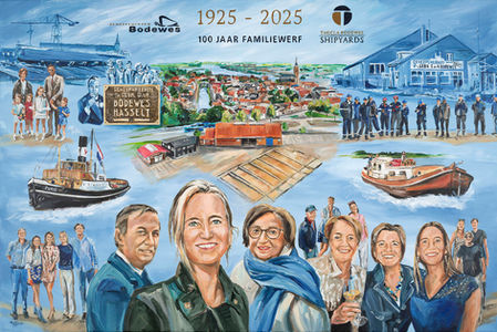 Schilderij ter ere van het 100 jaar bestaan, jubileum van het scheepsbouw familiebedrijf Thecla Bodewes Shipyards. Portretten van meerdere generaties van het bedrijf en de historie van de scheepswerf in één beeld gebracht. In opdracht geschilderd in het atelier naar aanleiding van foto’s | 100x150 cm | Eva van den Hamsvoort.