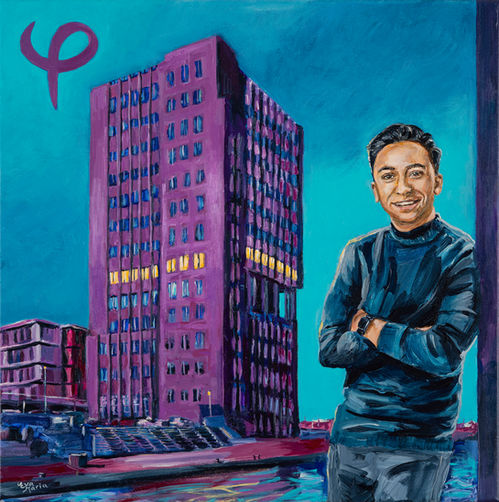 Schilderij portret met bedrijfspand in avondlicht, huisstijlkleuren van bedrijf. In opdracht geschilderd en overhandigd door team Recognize tijdens zakelijk diner in de Javatoren Almere | 50x50 cm | Eva van den Hamsvoort.