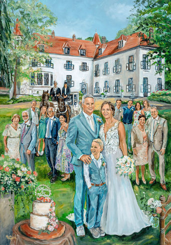 Schilderij van bruidspaar en familie met bruidstaart en koets voor kasteel. Bruiloftlocatie: Kasteel Ter Leyen, Assenede, België. In atelier geschilderd naar aanleiding van foto's. | 70x100 cm | Eva van den Hamsvoort.