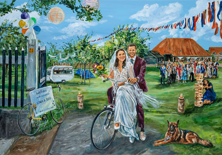 Schilderij in opdracht. Portret bruid en bruidegom met hond. Cadeau met een verhaal: bruidspaar, gasten, feestlocatie, wijngaard, camping en hobby’s. Locatie: ’t Hof Ilpenstein, Ilpendam. In atelier geschilderd naar aanleiding van foto's. | 70x100 cm | Eva van den Hamsvoort.