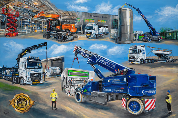 Schilderij ter ere van het 25 jarig jubileum van familiebedrijf Gerritsen Group, met internationale vestigingen voor industriële verhuizingen, wereldwijde transporten en verschepingen. Cadeau aan de directie van de Personeelsvereniging. Ontwerp op maat van een combinatie van foto’s van de Projecten en de Logistieke afdelingen, geschilderd in het atelier | 100x150 cm | Eva van den Hamsvoort.
