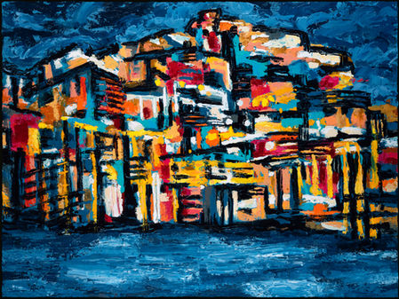 Formaat: 200 W x 150 H x 4 cm. City Rhythm: een groot abstract schilderij over de sfeer en de veerkracht van de stad.