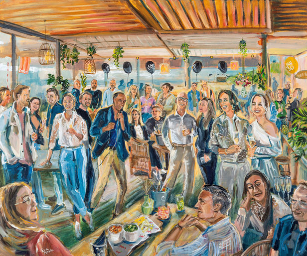 Schilderij van jaarlijks zomerfeest van het bedrijf Ditt Officemakers met Motivational Speaker Arnold Vanderlyde | 1000x120 cm | Eva van den Hamsvoort.
Live Paint op locatie en extra detaillering in atelier. Business Art. Locatie: Club Cabo, Zandvoort.