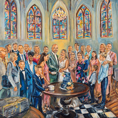 Schilderij van bruiloft receptie, moment van taart aansnijden door het bruidspaar omringd door familie | 100x100 cm | Eva van den Hamsvoort.
Live Paint op locatie en extra detaillering in atelier. Wedding Art. Locatie: Restaurant De Basiliek, Appingedam Groningen.