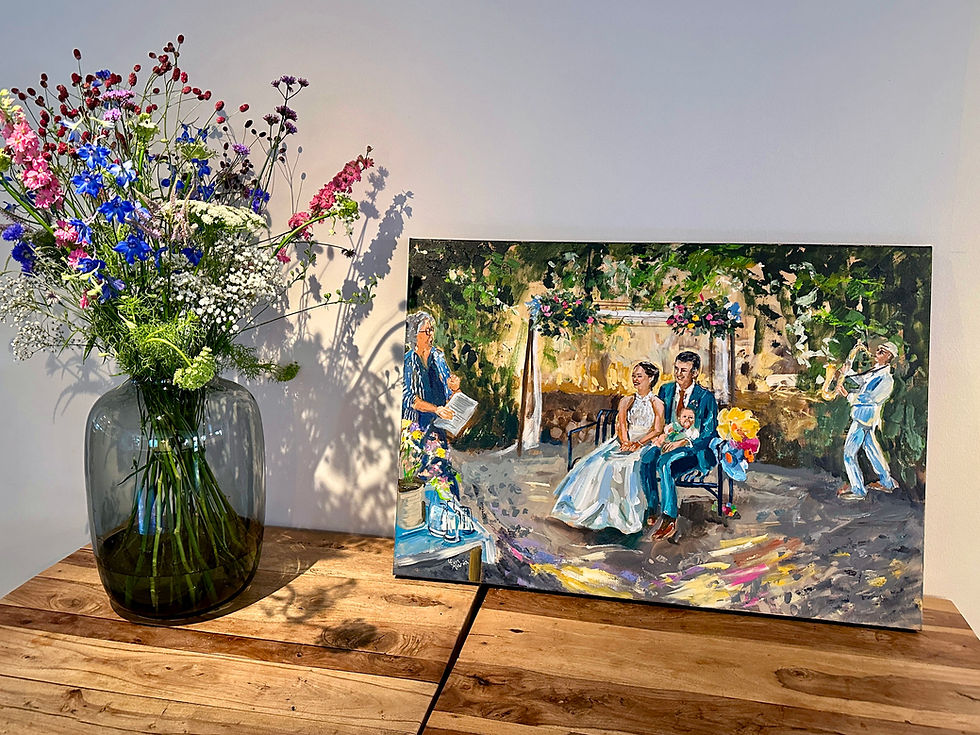 Live Paint, schilderij van bruidspaar met baby tijdens de buitenceremonie voor een mergelwand | 70x100 cm | Eva van den Hamsvoort. Geschilderd in 4 uur tijd. Locatie: Landgoed Heerdeberg in Cadier en Keer, Limburg.