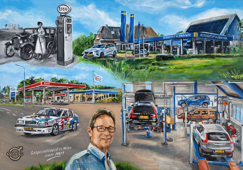 Schilderij, cadeau voor vader van zoon, over zijn werkzame leven ter ere van pensionering en verjaardag. Overdracht familiebedrijf van vader op zoon. In opdracht geschilderd, in het atelier, naar aanleiding van een op maat gemaakt ontwerp van verschillende foto’s uit verschillende periodes van zijn carrière. | 70x100 cm | Eva van den Hamsvoort.