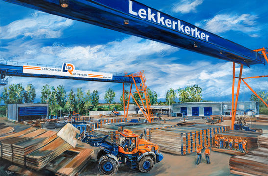 Schilderij ter ere van het 120 jarig jubileum van het familiebedrijf Lekkerkerker Rotterdam, specialist voor huur en verkoop van tijdelijke bouwterreinen en bouwwegen. Bedrijfsschildering met bedrijfsterrein, mensen uit het team, bedrijfsnaam en jubileumlogo. In opdracht geschilderd, in het atelier, naar aanleiding van een op maat gemaakt ontwerp van verschillende foto’s. | 100x150 cm | Eva van den Hamsvoort.