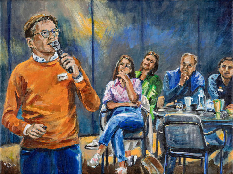 Schilderij ter ere van afscheid van een CEO van een internationaal farmaceutisch bedrijf. Afscheidscadeau van het team. Het kunstwerk laat de directie in actie zien in een groepssituatie. Ontwerp op maat naar aanleiding van een combinatie van foto’s en geschilderd in het atelier. | 30x40 cm | Eva van den Hamsvoort.