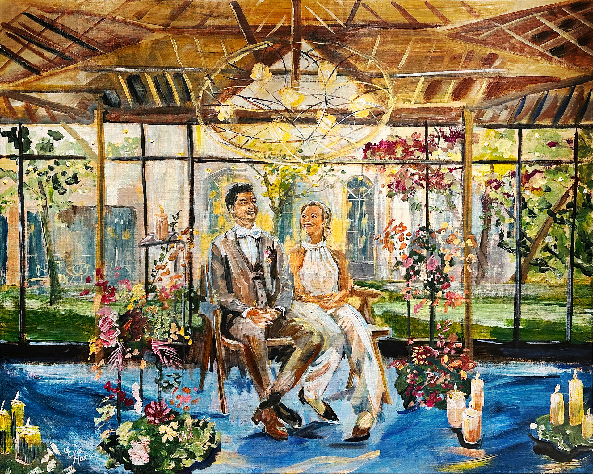 Live Paint, schilderij, portret van het bruidspaar tijdens de trouwceremonie in het trouwpaviljoen