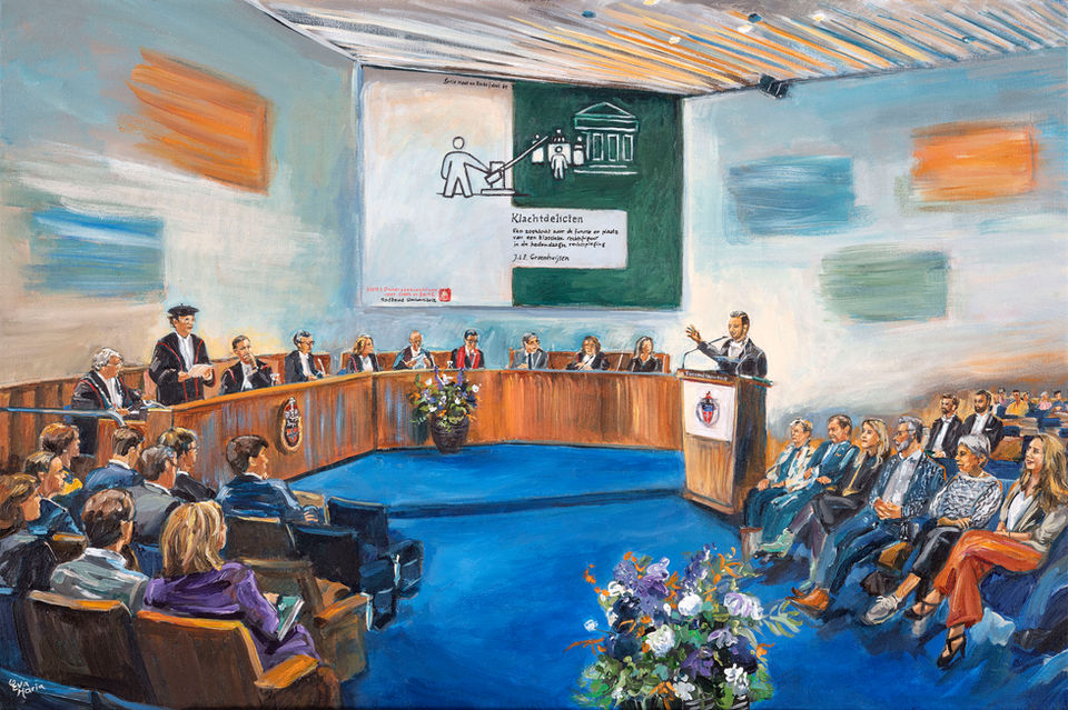 Schilderij van foto’s, After Painting van verdediging proefschrift in Radboud Universiteit, promotieonderzoek. In atelier geschilderd. | 60x90 cm | Eva van den Hamsvoort.