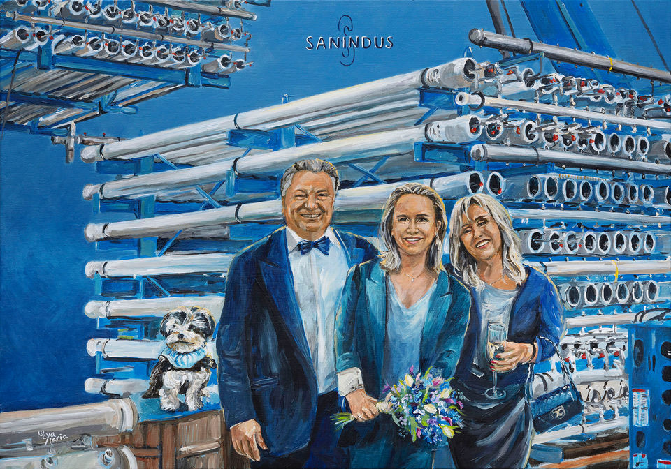 Schilderij familieportret als dank voor de zakelijke samenwerking, huisstijlkleuren van bedrijf. In opdracht geschilderd als relatiegeschenk. After Paint naar aanleiding van een combinatie van foto's. | 70x100 cm | Eva van den Hamsvoort.