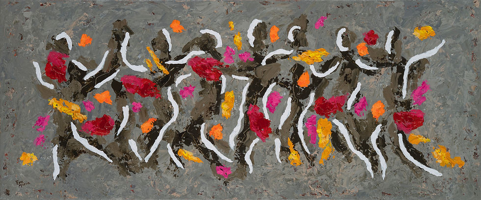 Abstract schilderij met geabstraheerde mensen in beweging door Eva van den Hamsvoort. Titel: Connection in harmony.