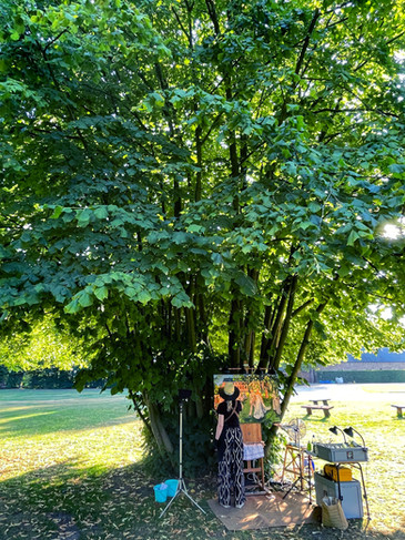 Prachtige schaduwrijke schilderplek onder een boom, live schilderen op locatie door Eva.