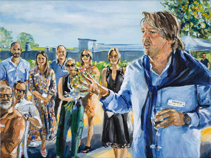 Schilderij ter ere van afscheid van een CEO van een internationaal farmaceutisch bedrijf. Afscheidscadeau van het team. Het kunstwerk laat de directie in actie zien in een groepssituatie. Ontwerp op maat naar aanleiding van een combinatie van foto’s en geschilderd in het atelier. | 30x40 cm | Eva van den Hamsvoort.