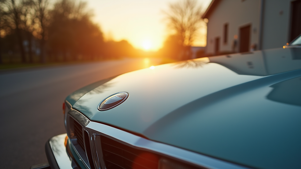 Close-up view of a polished car hood reflecting sunlight