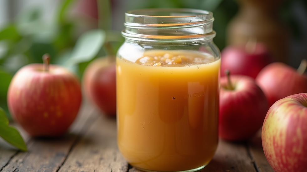 Close-up view of a jar filled with homemade applesauce