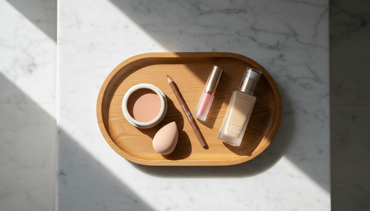 Overhead view of cream blush, soft eyeliner, and sheer lipstick on a vanity tray.