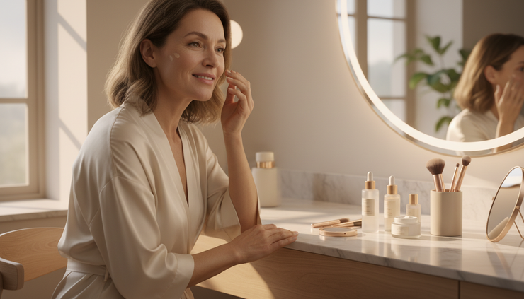 Eye-level view of a mature woman applying primer at a bathroom vanity.