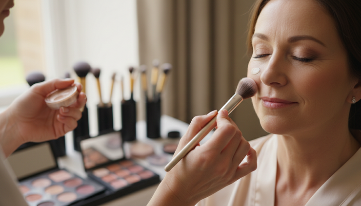 Close-up of neutral foundation and concealer being blended on mature skin.