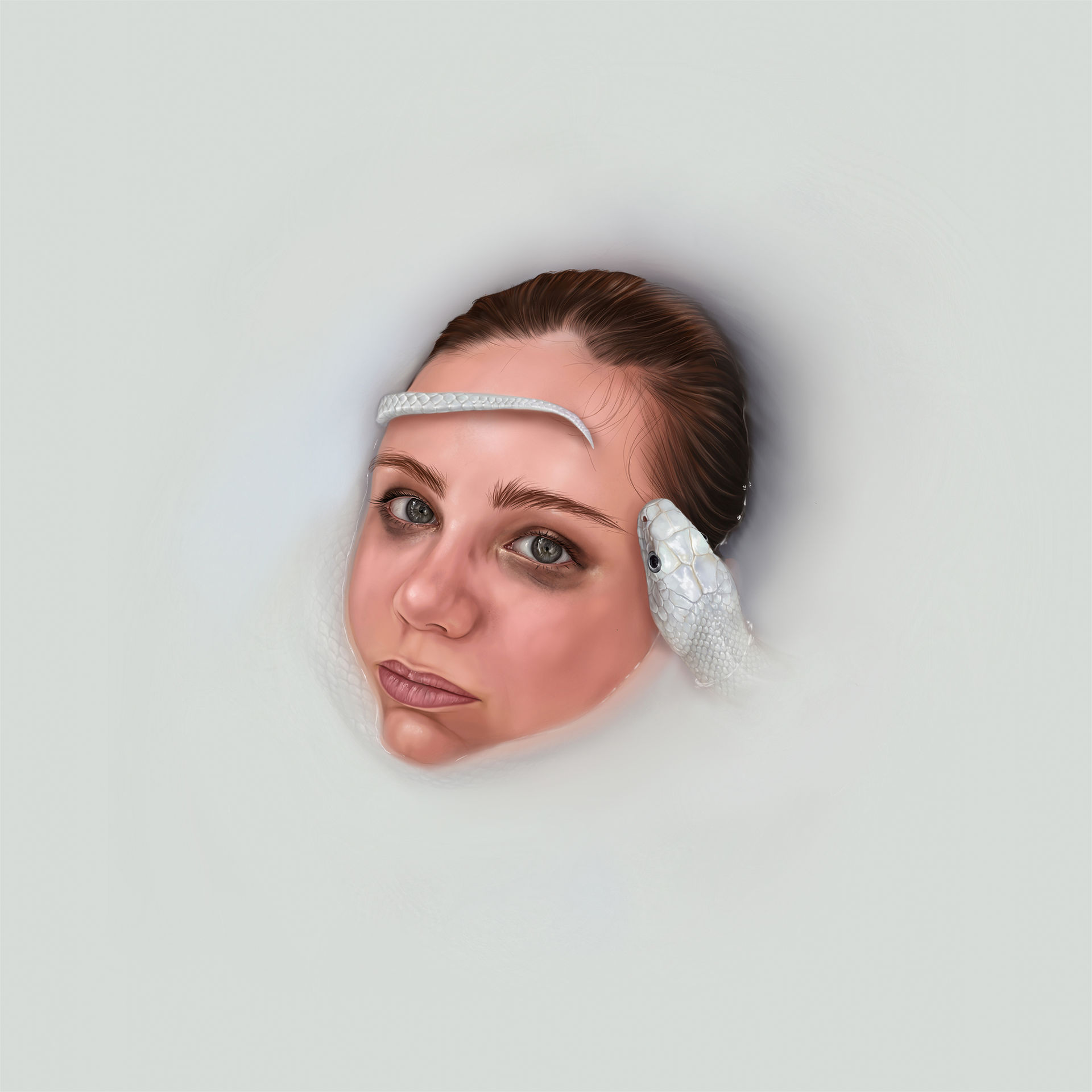 A hyperrealistic female face emerges softly from a milky white void, her expression calm yet distant. A pale white snake rests across her forehead while another presses gently against her temple, its head partially visible. The serpent’s body fades into the surrounding whiteness, blending with the soft, diffused background. The composition is minimal and quiet, evoking intimacy, subtle tension, and a sense of whispered presence.