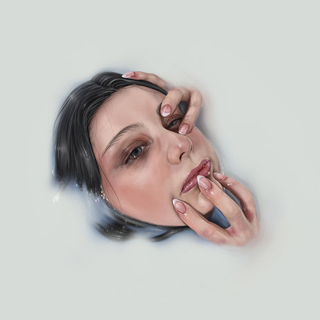 Peinture numérique du visage d'une femme, partiellement noyé dans un fond doux et pâle, entouré de multiples mains – certaines les siennes, d'autres ambiguës. Une main abaisse doucement sa paupière inférieure, tandis que d'autres effleurent ses lèvres et sa joue, brouillant la frontière entre contact avec soi et intrusion. Son expression est indéchiffrable, tiraillée entre passivité et résistance.