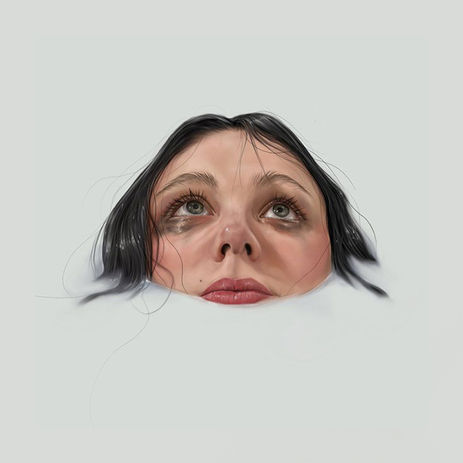 Peinture numérique d'un visage de femme émergeant d'un fond pâle et sans relief, comme noyé dans le brouillard ou le liquide. Seuls ses yeux, son nez et sa bouche sont visibles, son expression solennelle et discrète, le regard dirigé vers le haut, ses grands yeux pensifs.