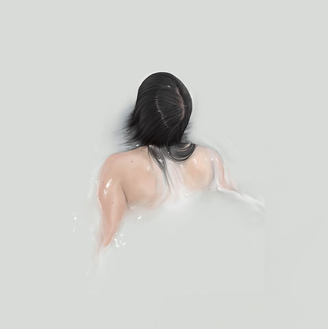 Digital painting of a solitary figure, seen from behind, partially submerged in a milky, ethereal liquid. The person’s back and shoulders emerge softly from the surface, with dark hair cascading down, blending into the misty atmosphere.