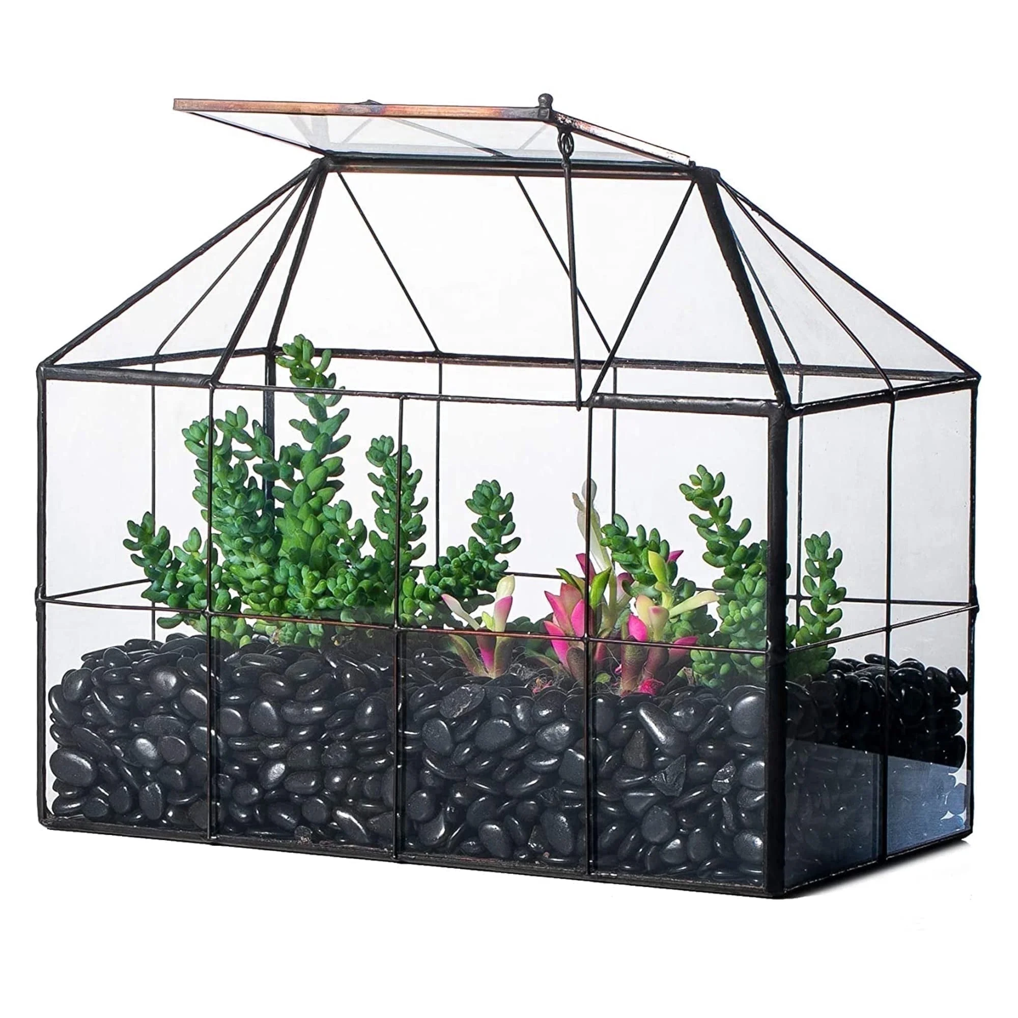 Artisan Glass Terrarium Planter with Lid, Grid House Shape Geometric Pot for