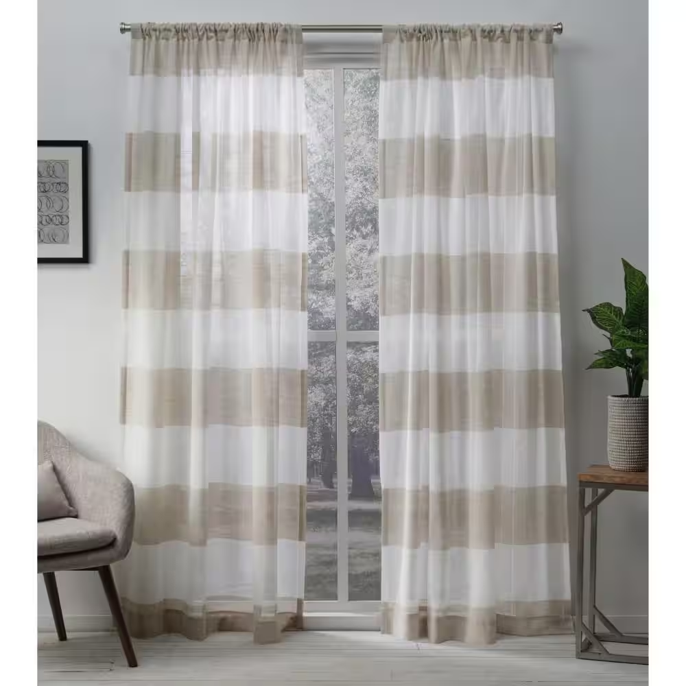 Artisan Darma Linen Stripe Sheer Rod Pocket Curtain, 50 In. W X 84 In. L (Set