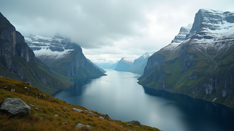 Wide angle view of the majestic Norwegian fjords