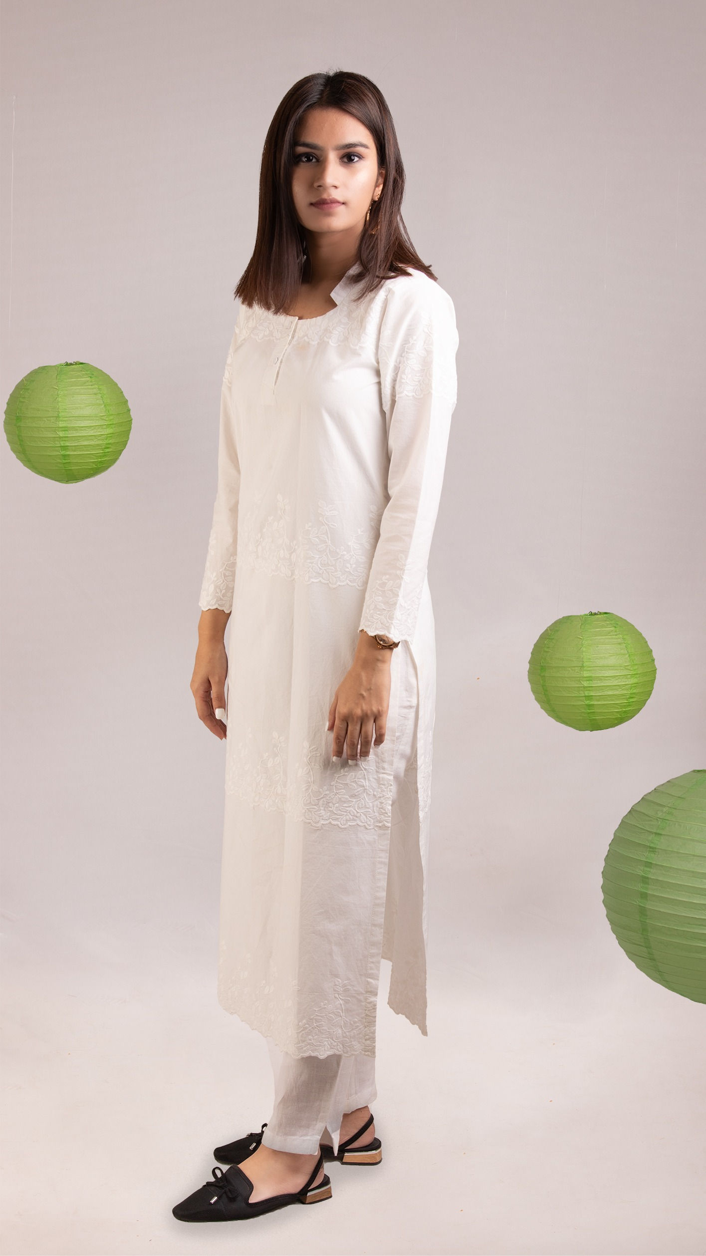 ONLY WHITES Floral Embroidered Kurta