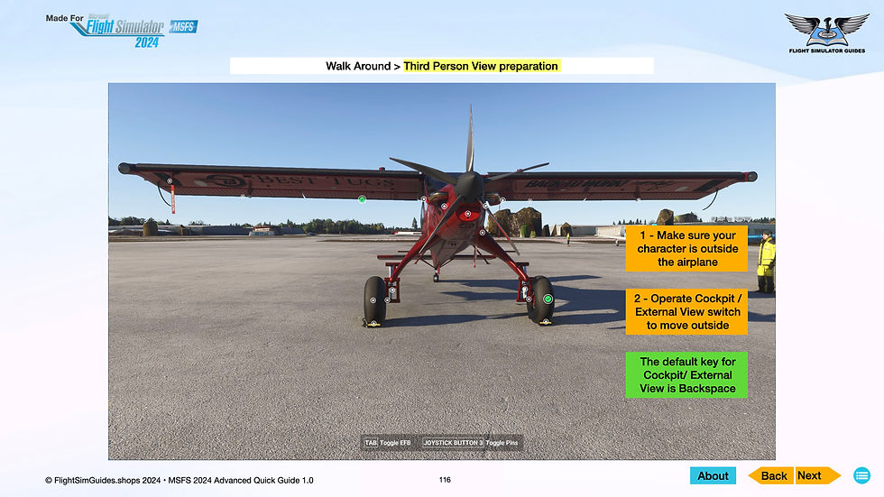 Thumbnail: This image is an example of a walk outside the airplane page from the MSFS 2024 Advanced Quick Guide.