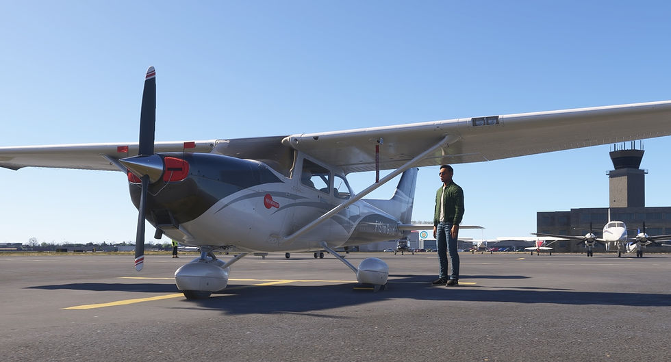 Close-up view of a pilot following an interactive tutorial on a flight simulator screen