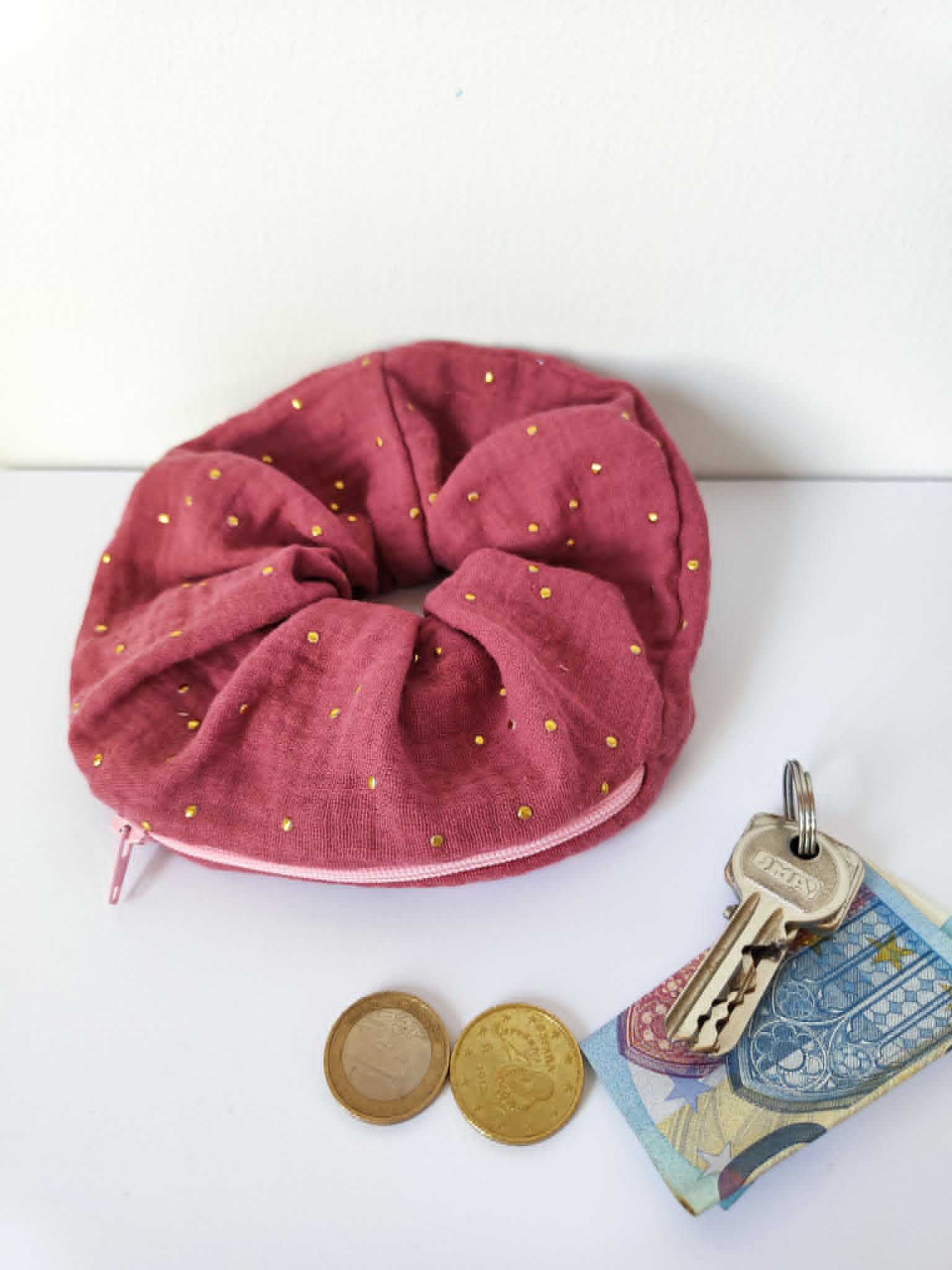 Chouchou poche secrète gaze de coton vieux rose