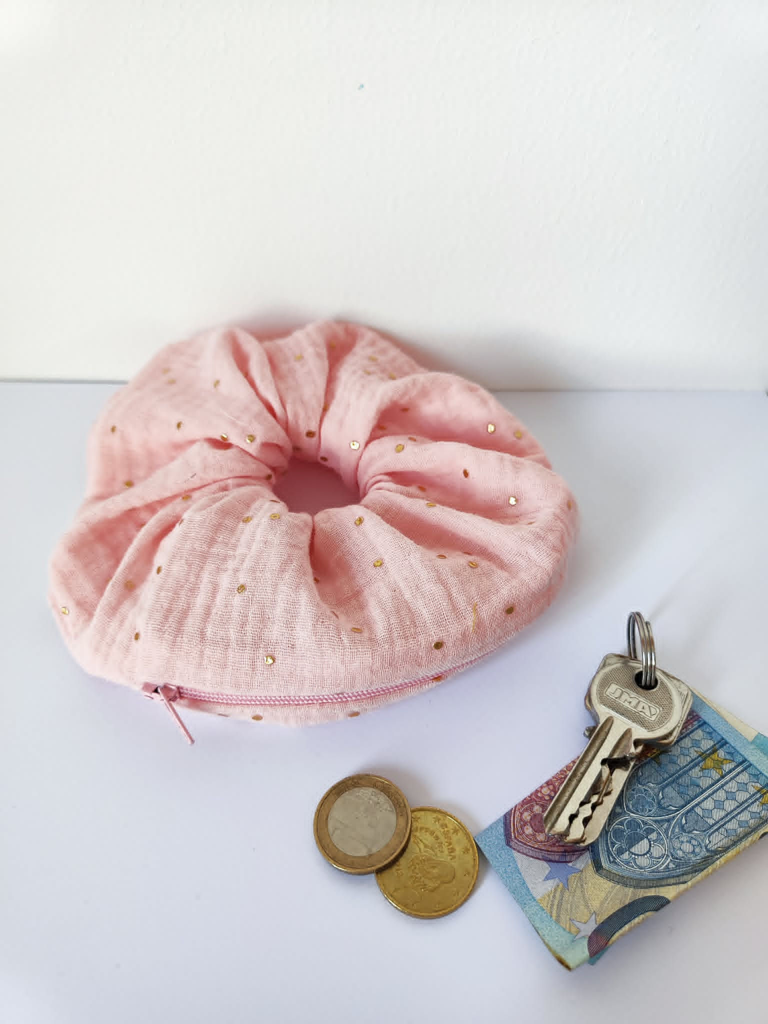 Chouchou poche secrète gaze de coton rose