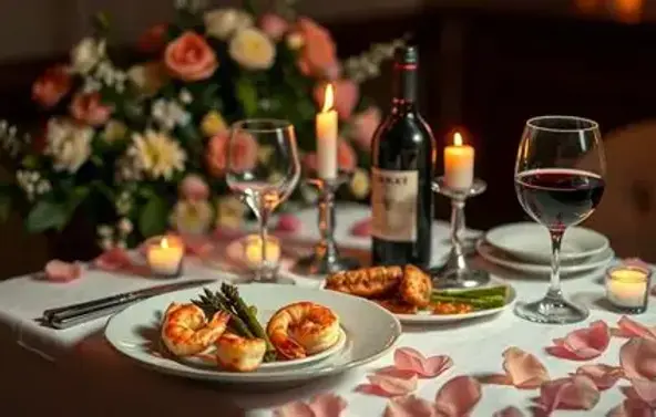 Romantic candlelit dining experience in the Sunshine Coast Hinterland featuring wine, flowers and gourmet cuisine.