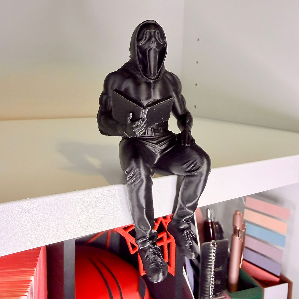 Miniaturbild: Spicy Ghost Reader Figur in Schwarz, sitzend auf einem weißen Regalbrett als Dark Romance Deko.