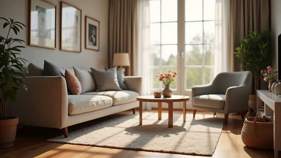 Close-up view of a beautifully staged living room with natural light