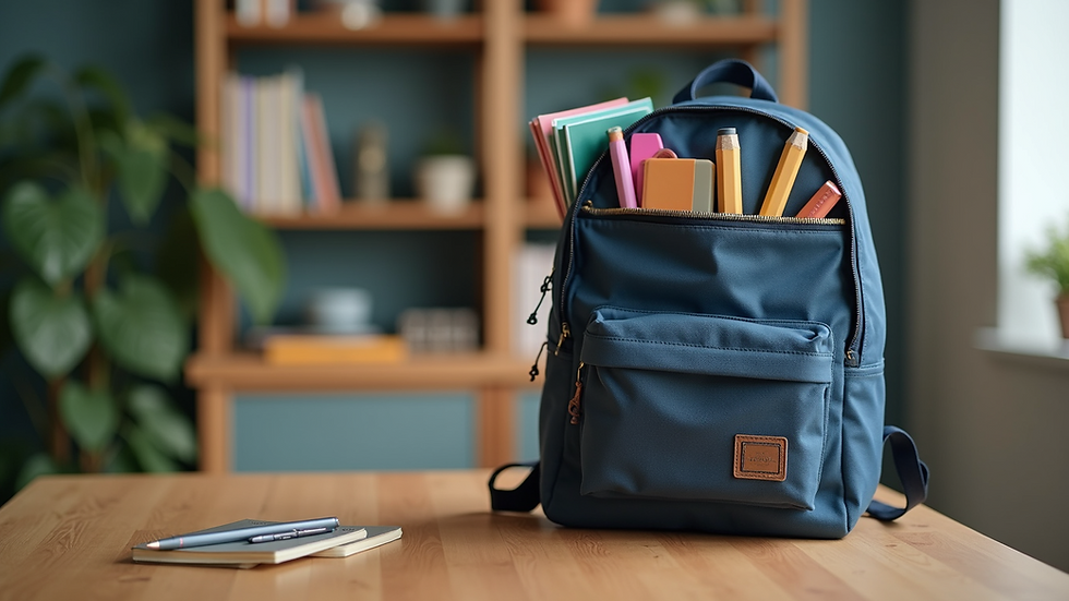 Close-up of a backpack filled with school supplies on a wooden table