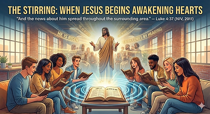 A diverse group reads books in a bright room with Jesus in the background. Text reads: "The Stirring: When Jesus Begins Awakening Hearts."