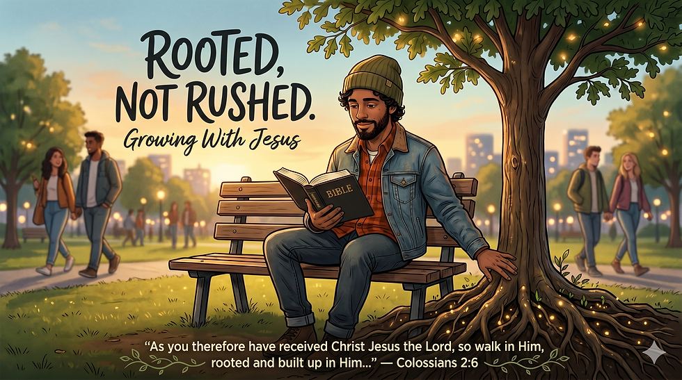 A peaceful park scene at sunset shows a person sitting on a bench under a large tree, reading a Bible. The tree’s glowing roots are visible beneath the ground, symbolizing spiritual grounding and steady growth. In the background, people walk along a path with city buildings in soft focus, creating a calm, reflective atmosphere that represents abiding in faith and growing with Jesus.
