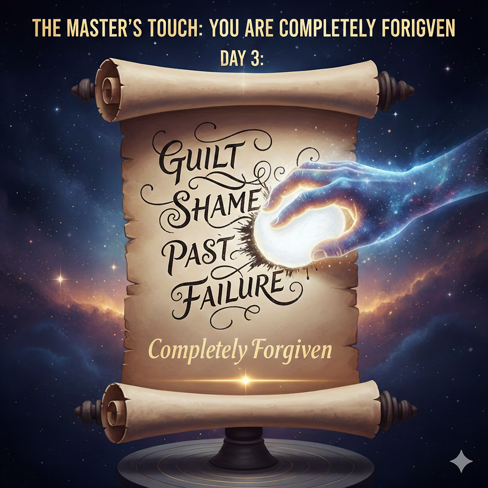 Scroll with "Guilt, Shame, Past Failure" erased by a glowing hand against a cosmic background. Text reads: "You Are Completely Forgiven Day 3."