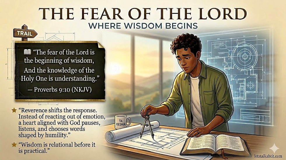 An illustrated scene of a person standing at a desk with architectural blueprints, an open book, and a compass tool. A large window shows a scenic view, and a blueprint drawing hangs on the wall. Text on the image includes the title “The Fear of the Lord,” the subtitle “Where Wisdom Begins,” Proverbs 9:10 (NKJV), and two short statements about reverence and wisdom.
