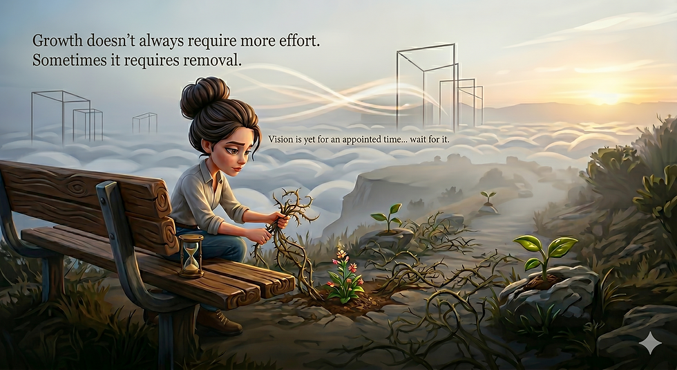 A person sits on a wooden bench at the edge of a cliff, pulling up tangled roots from the ground beside a small flowering plant. An hourglass rests on the bench. Clouds and a sunrise fill the background, with faint geometric shapes in the sky. Text on the image includes the devotional title, a short statement about growth and removal, and a Scripture reference.