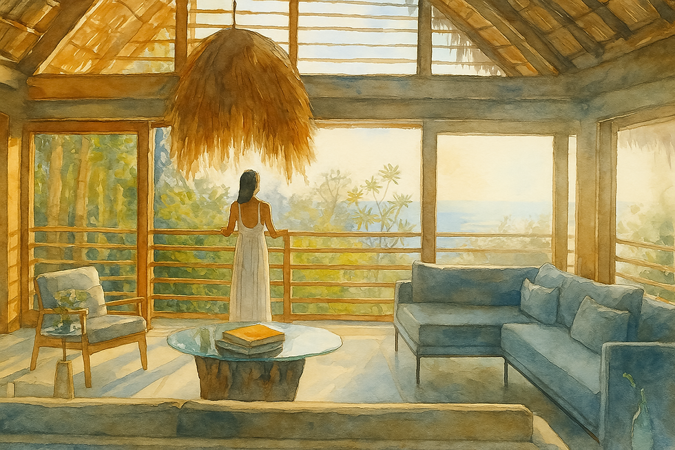 Eye-level view of a modern eco-friendly luxury home with solar panels and lush greenery