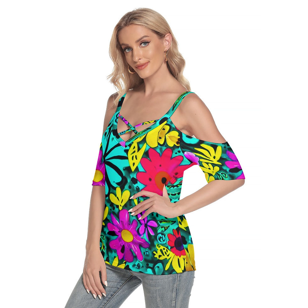 Thumbnail: All-Over Print Women's Cold Shoulder T-shirt With Criss Cross Strips